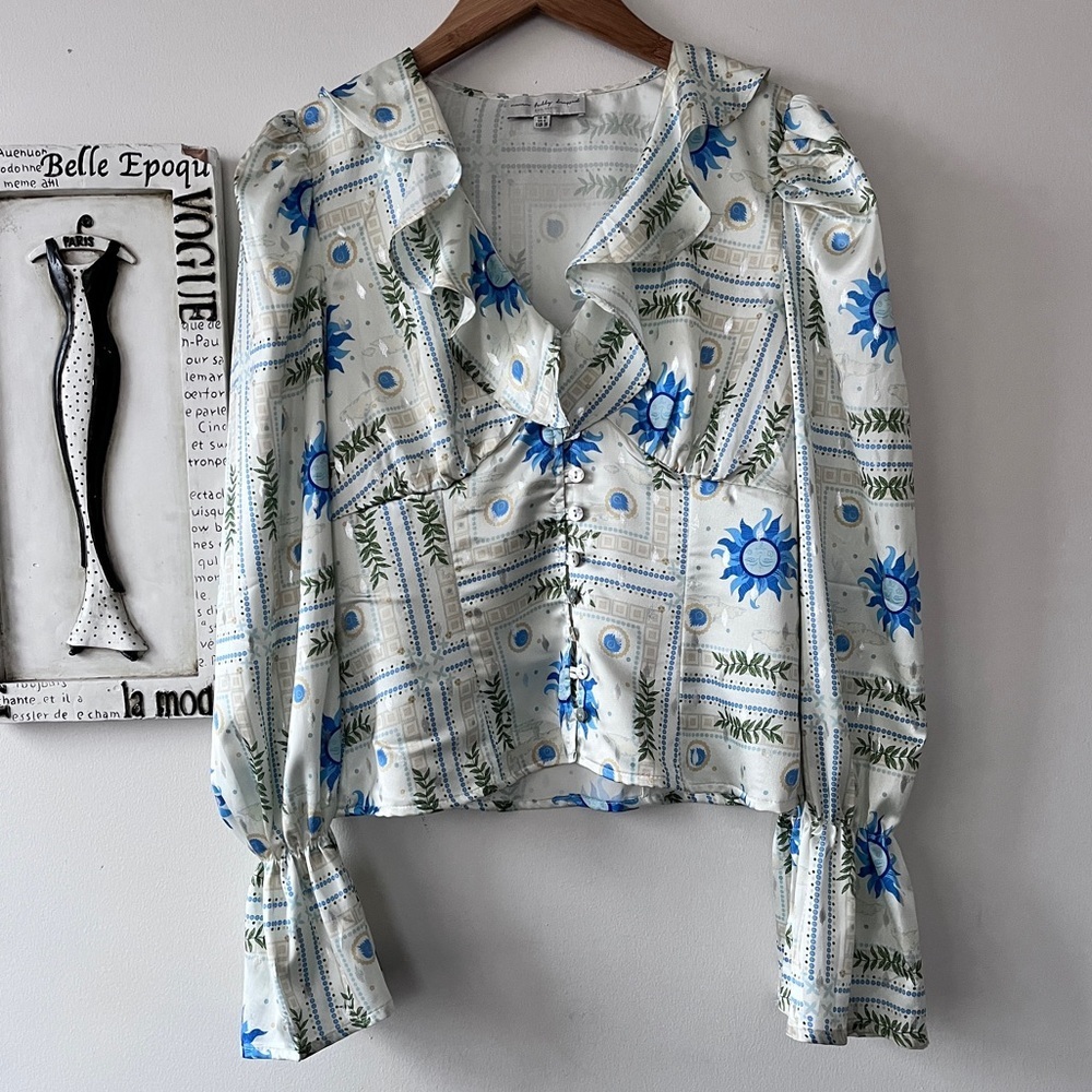 Fairycore Never Fully Dressed Sunniva Satin Floral Ruffle Feminine Blouse Size 6